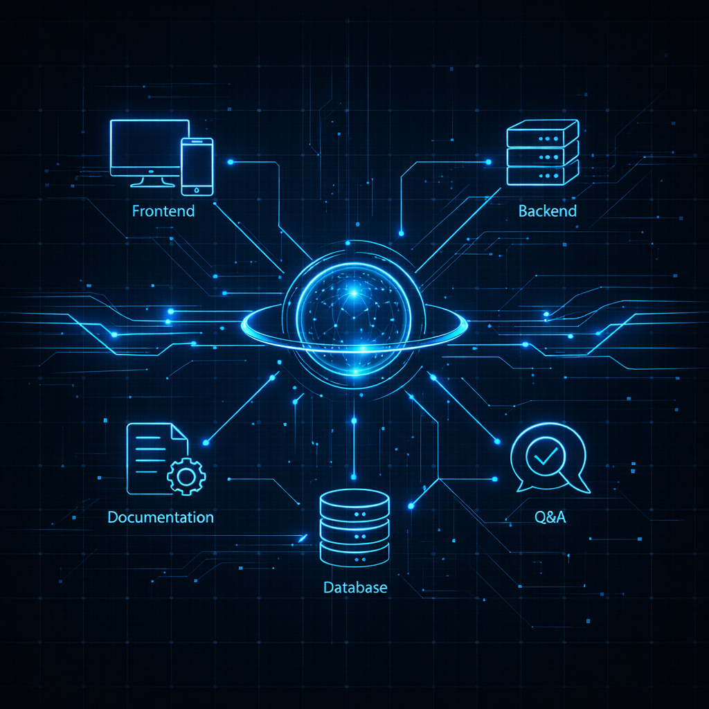 Cybernetic Scrum Team — Orchestrator connected to Frontend, Backend, Database, Documentation and Q&A agents